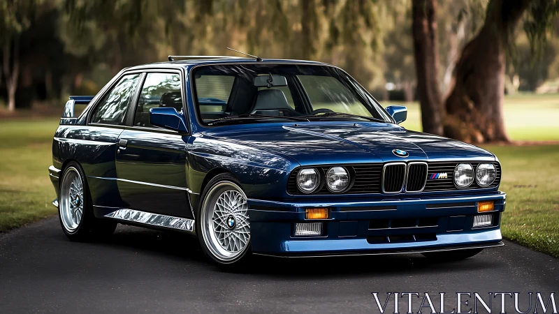Midnight blue classic BMW M3 basking in soft park light.