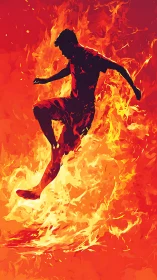 Fiery silhouette leaps boldly through swirling orange flames