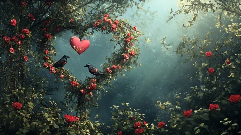 Enchanted Rose Garden Heart with Birds.