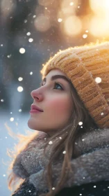 Side-profile winter portrait under backlit snowfall bokeh.