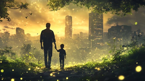 Firefly-dusted twilight guides father and child toward tomorrow