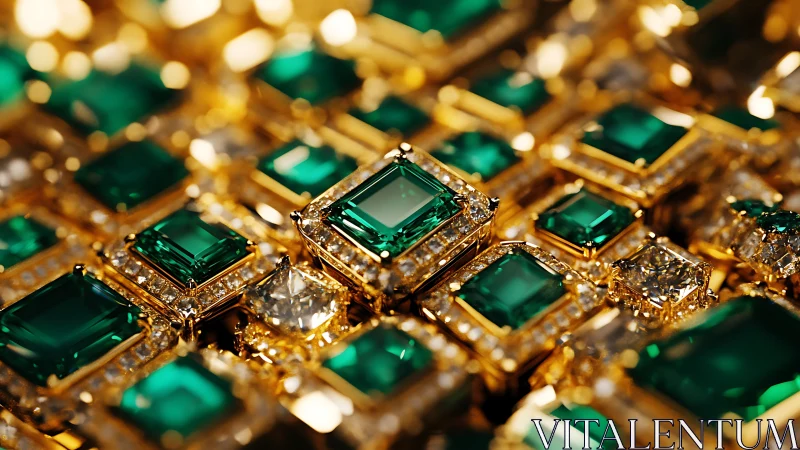 Emerald cut gemstones set in dense gold jewelry grid.