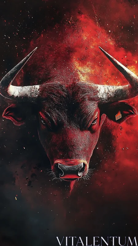 Fiery bull head emerging from dark red explosive background.