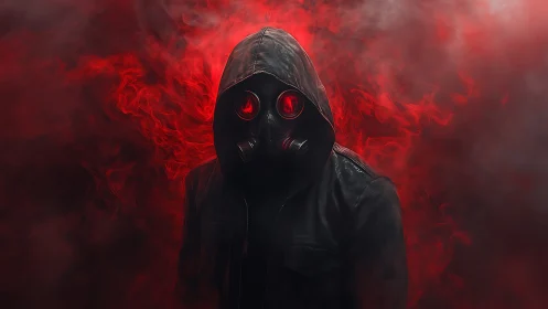 Hooded figure in gas mask against red smoky background.