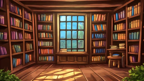 Sunlit fantasy library invites quiet reading and reflection