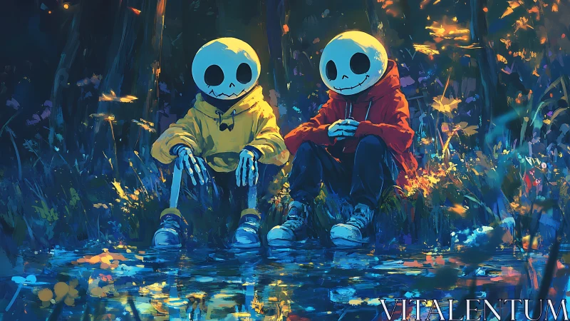 Moon-faced friends resting by a glowing forest pond.