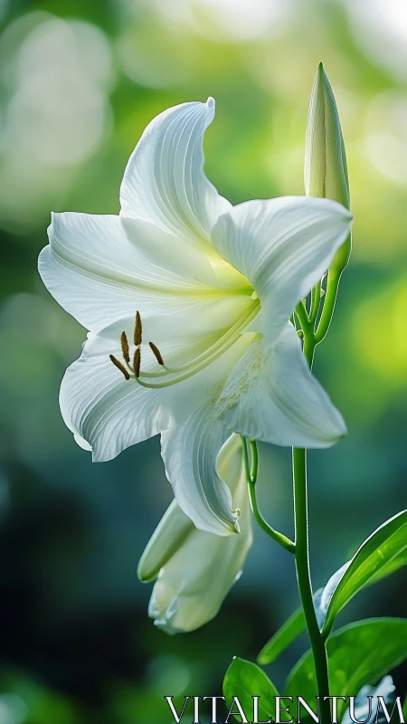 White Trumpet Lily Blooming in Soft Sunlight.