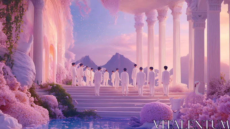 Ethereal colonnade gathering in pastel twilight fantasia.