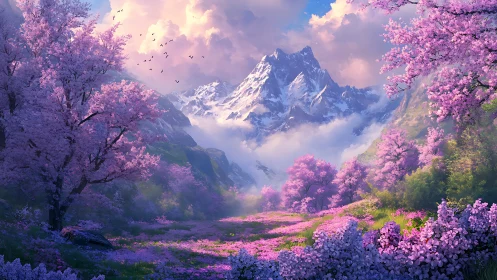 Pink spring valley below snowy mountain peaks at sunrise