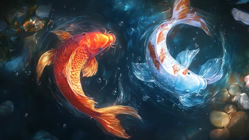Twin koi circling in luminous rippling pond waters.