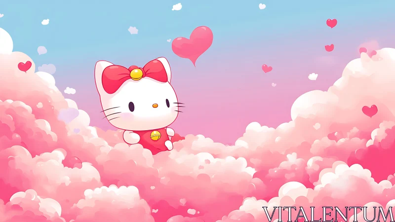 Kawaii white cat floats through dreamy pink heart clouds