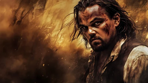 Weathered survivor gazing through swirling golden storm.