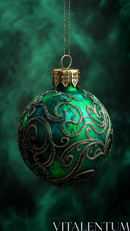 Emerald ornament drifts in swirling gold-lit winter hush.