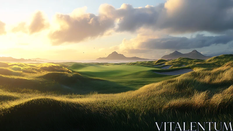 Coastal links golf green at sunset with dune grass swales