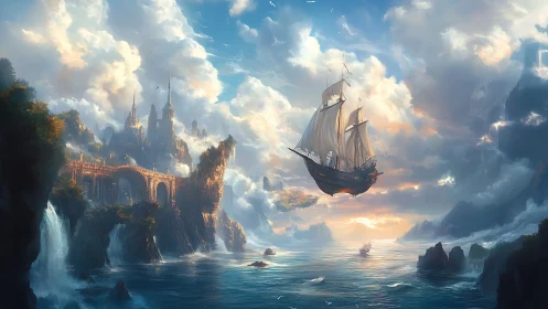 Flying galleon over luminous fantasy sea kingdom.