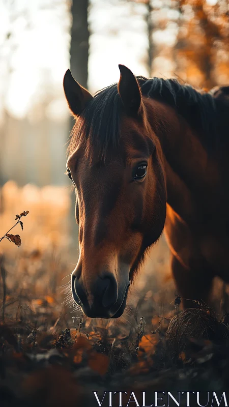 Chestnut horse lowers head through soft autumn forest light