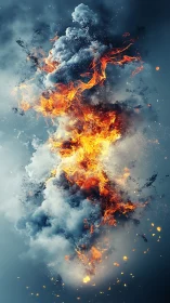 Vertical Explosion with Fire and Smoke Against Blue Sky