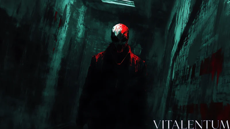 Masked figure stalks a bloodlit corridor in chilling silence