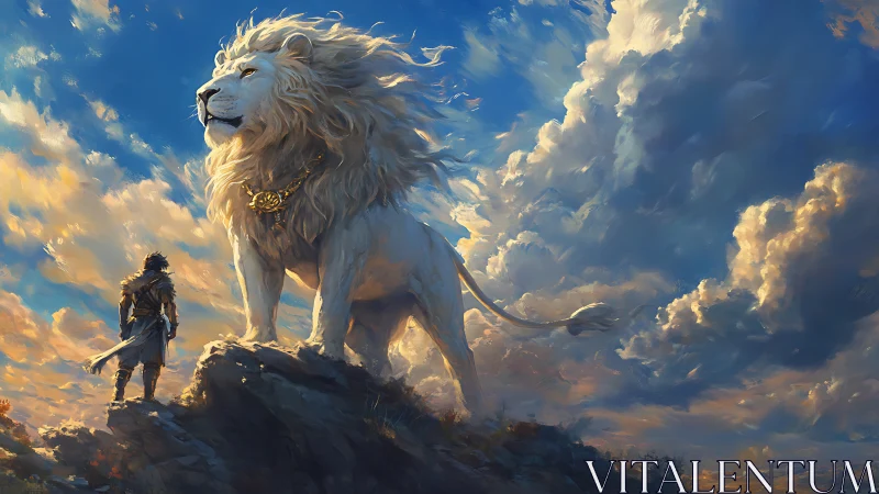 Majestic white lion guardian with warrior under vast sky.