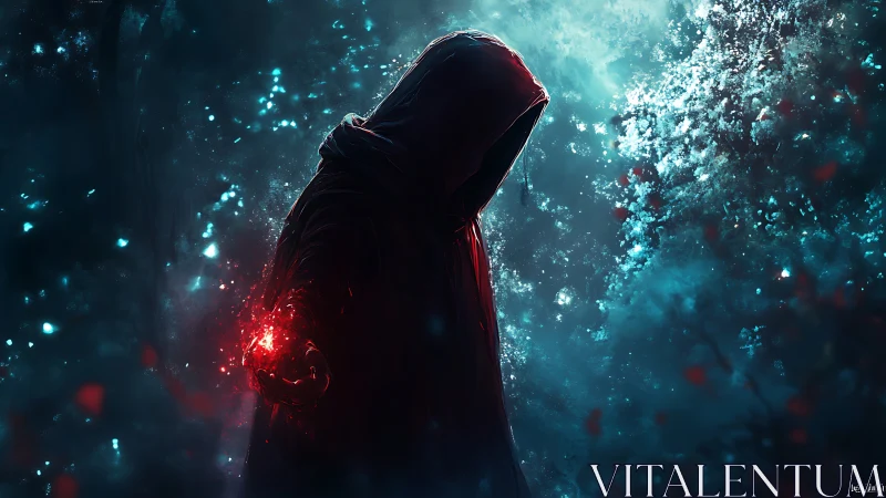 Hooded sorcerer channels red energy in a luminous forest void