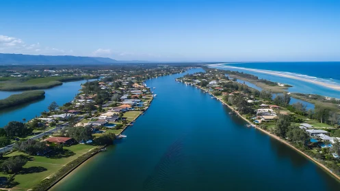 Sunlit coastal canal town rests between river and open sea