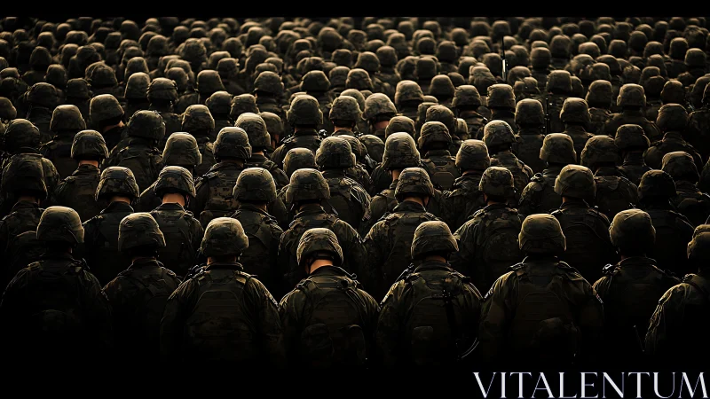 Soldiers stand in dense formation under golden low light.