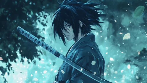 Sword-wielding anime warrior stands in blue forest glow