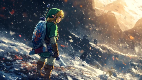 Armored figure stands in snowy mountain landscape with sword