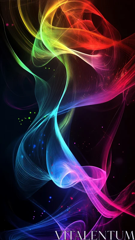 Rainbow light ribbons twist through dark abstract space
