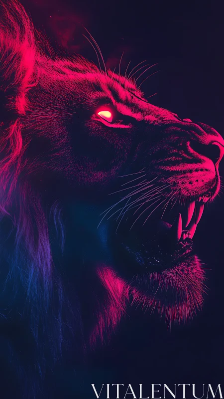 Neon lion roars in electric magenta and midnight blue glow