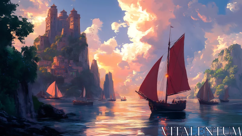 Sunlit cliffside fortress harbor with crimson lateen sailing fleet