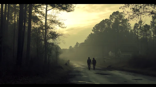 Backlit forest road at dawn with silhouetted walkers in dense fog