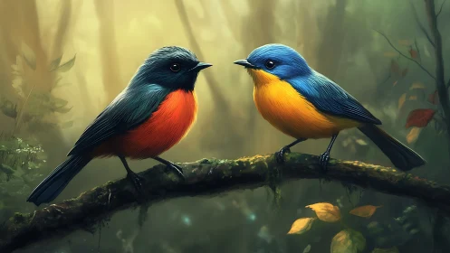 Two Colorful Songbirds on Mossy Branch in Dreamy Forest Painting.