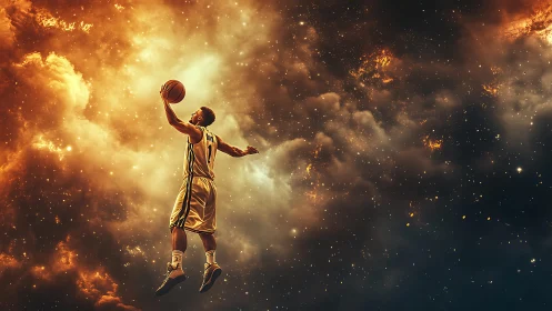 Basketball player executes midair layup within nebular starfield