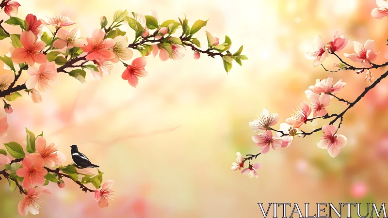 Delicate cherry blossoms frame a peaceful songbird in spring