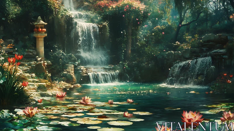 Lotus-kissed waterfall garden glowing in quiet daylight.