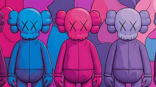 Color gradient toy trio under bold pop graffiti lighting.