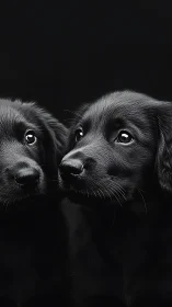 Twin black puppies gaze upward in dramatic low-key light.