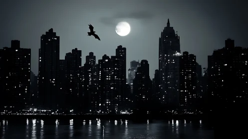 Midnight city skyline rests beneath a luminous full moon