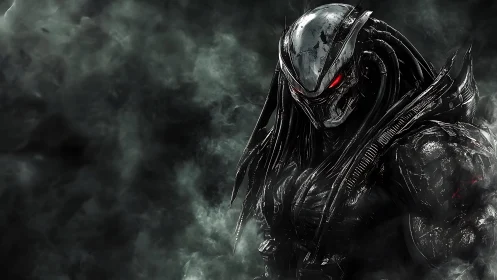 Armored alien hunter emerges from smoke with red eyes.