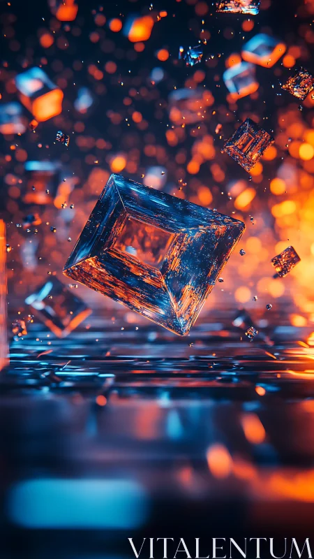 Glowing geometric crystal forms hover over reflective grid.