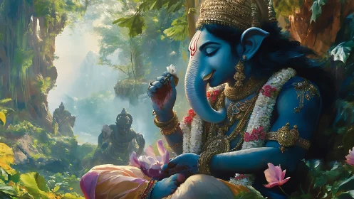 Serene blue elephant deity rendered in lush digital painting