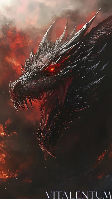 Inferno-crowned dragon roaring from a storm of molten dusk.