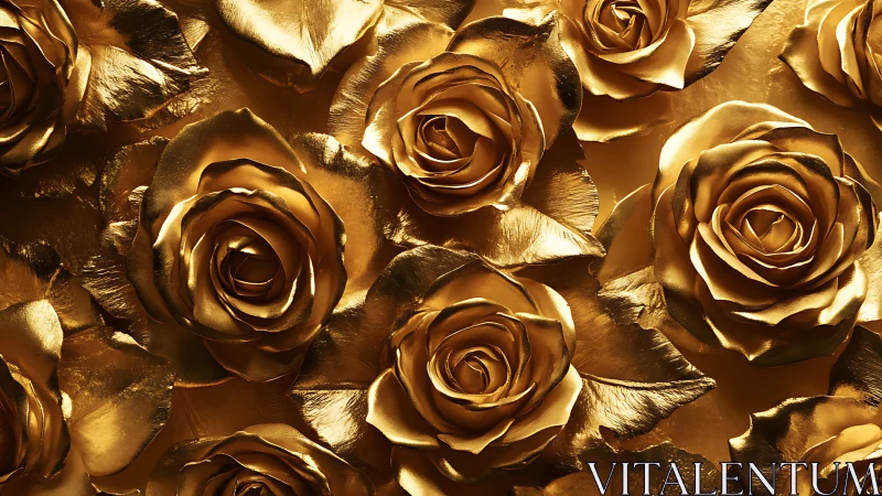 Gilded metallic rose flowers rendered in reflective gold 3D sculpture