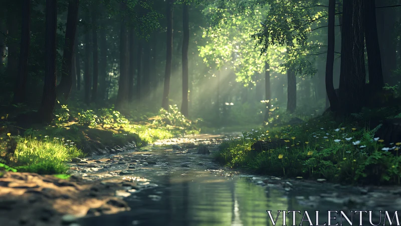 Forest stream with sunlight filtering through canopy.