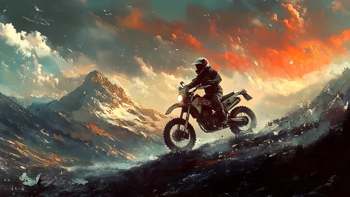 Sunset rider guides a dirt bike across wild mountain trails
