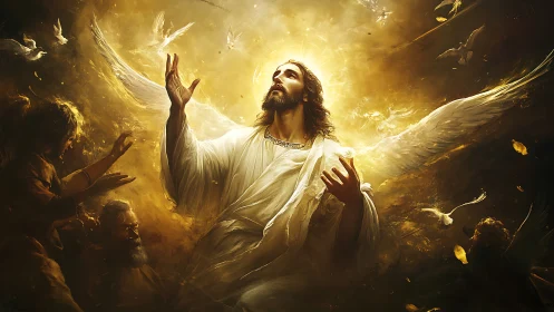 Radiant angelic figure ascends in golden celestial light.