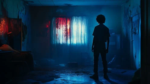 Silhouetted figure in dim blue room before bright window.