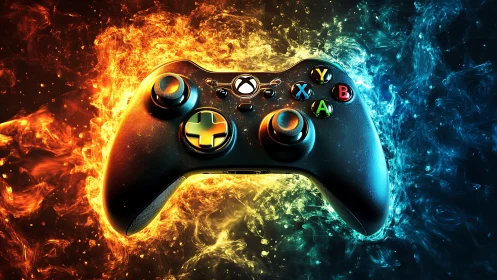 Glowing game controller alive with fiery and icy energy.