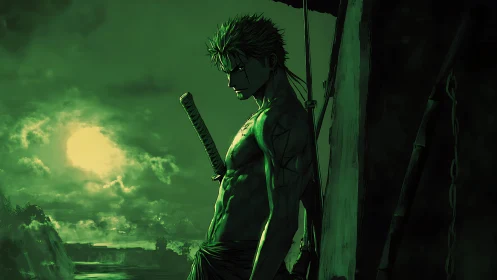 Moonlit swordsman broods in toxic green seaside gloom.